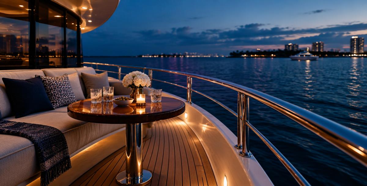 Private yacht deck on Miami waters at blue hour